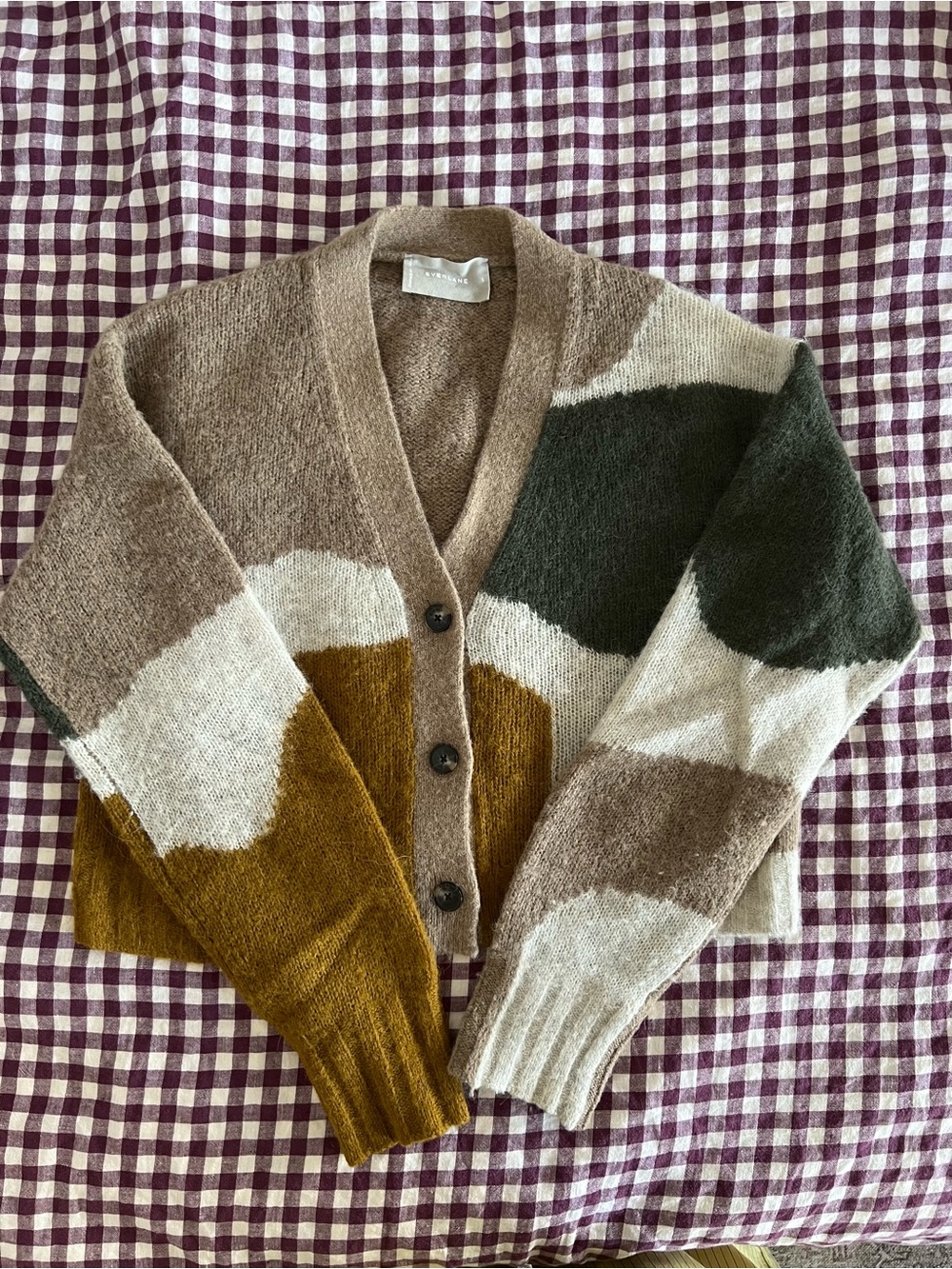 Everlane Colorblock V-Neck Cropped Cardigan - Brown/Green/Cream